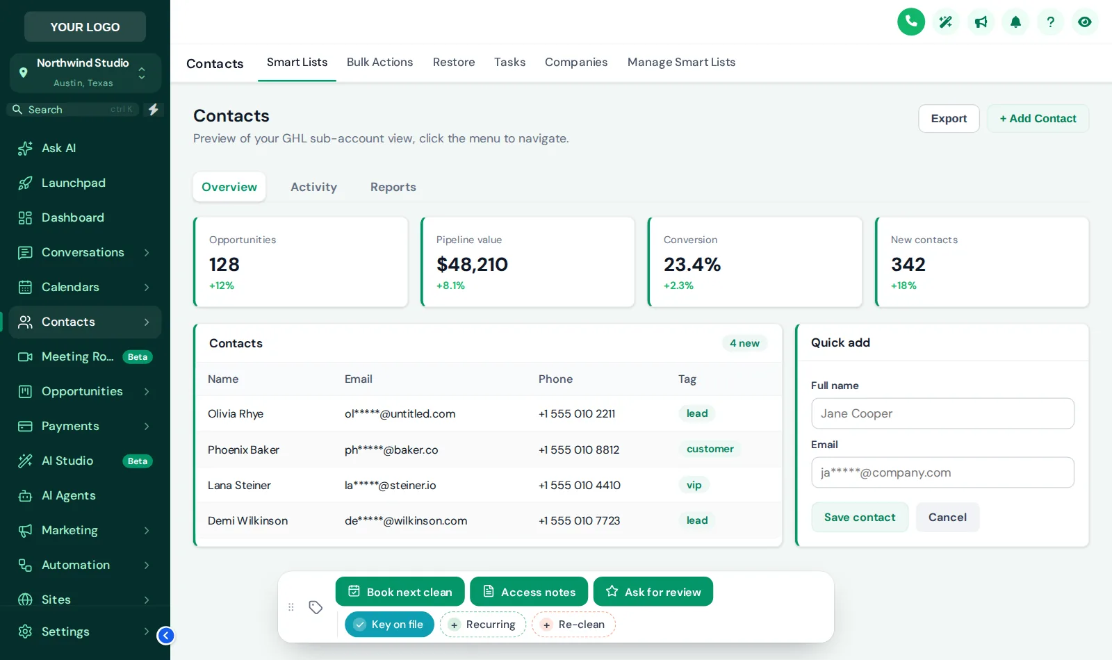 GoHighLevel contact page with a contact actions bar at the bottom: Book next clean, Access notes and Ask for review buttons plus Key on file, Recurring and Re-clean quick tags