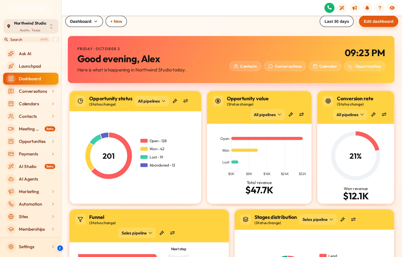 GoHighLevel dashboard with the Neo Brutal design: thick outlines, hard shadows and a bold yellow greeting banner with a live clock
