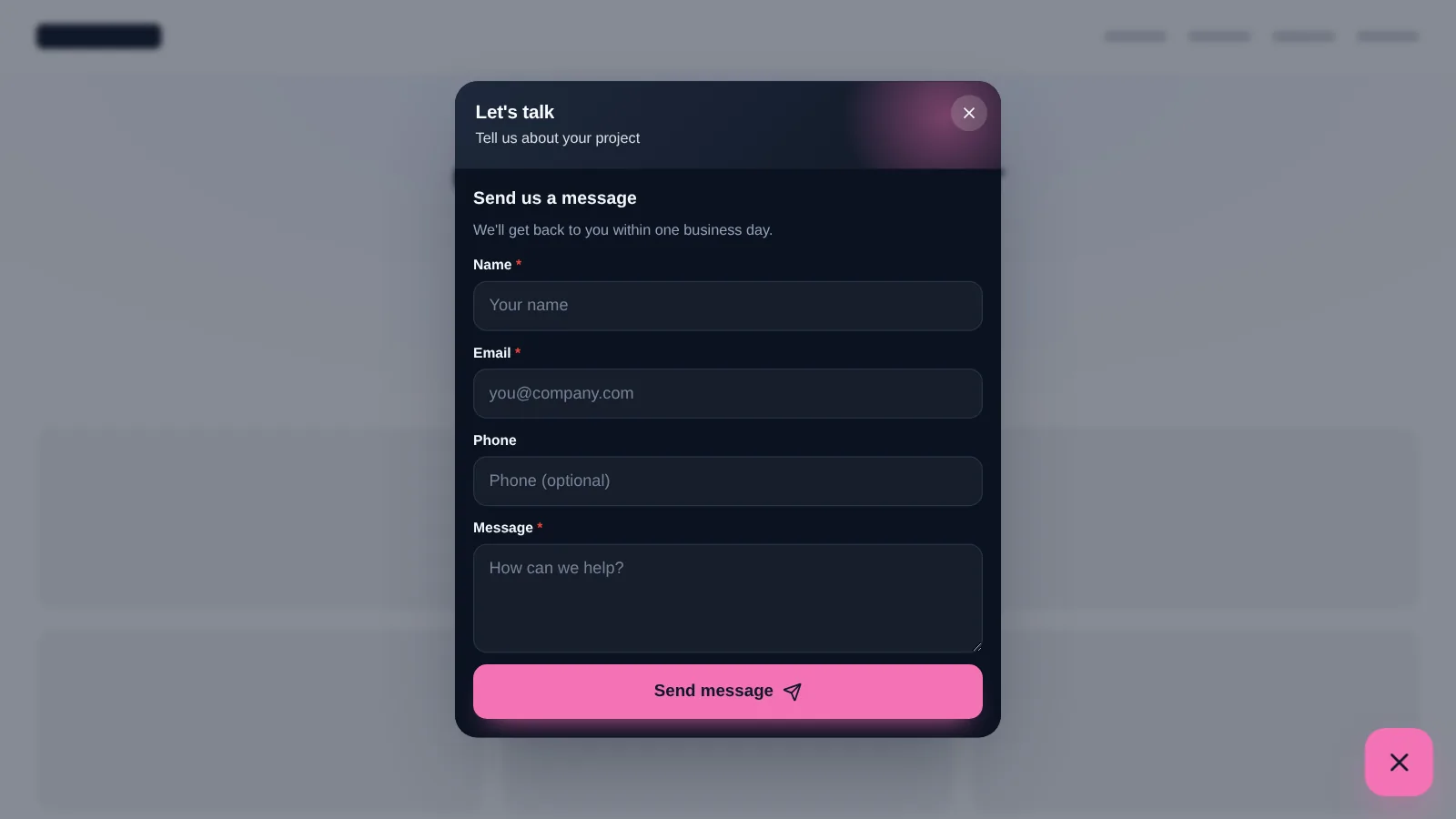 Website with a dark contact form opened from a floating pink launcher button
