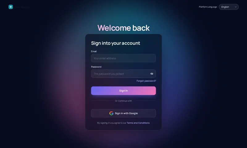 GoHighLevel sign-in page with the Prism ring design: a dark page with a turning color ring behind the login card