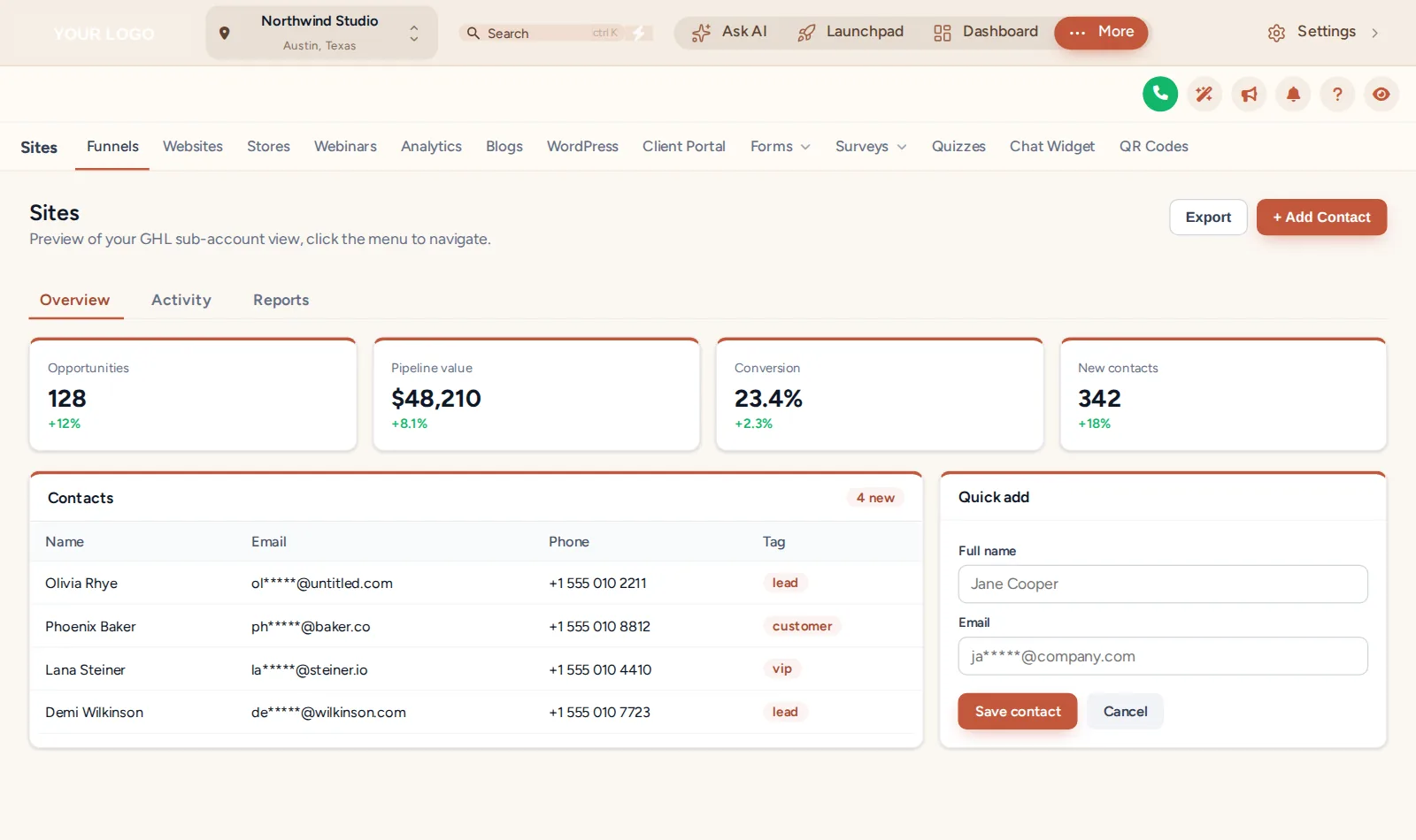 GoHighLevel with a segmented top bar menu and the Sites section tabs shown underneath