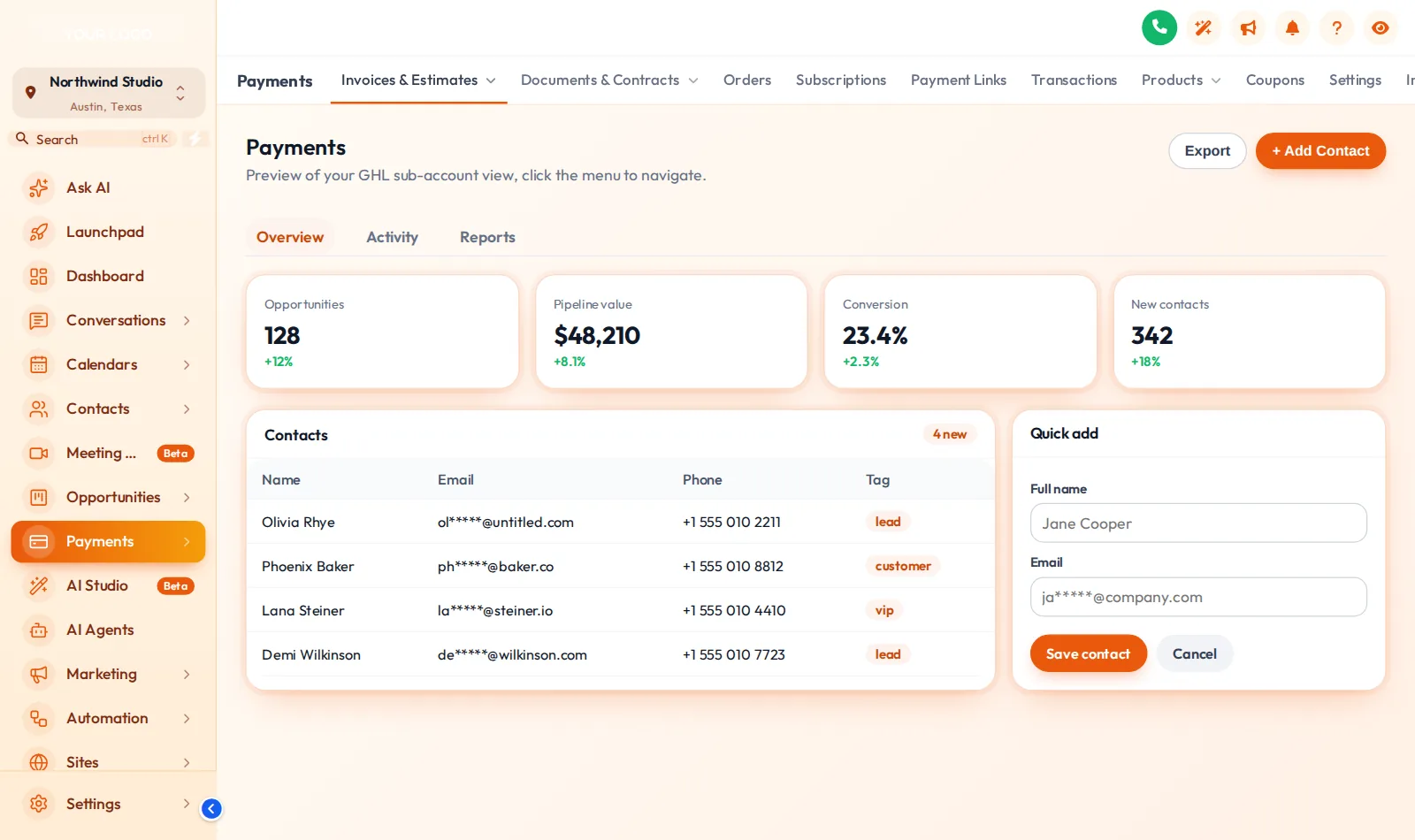 GoHighLevel left sidebar menu with soft header style on the Payments page