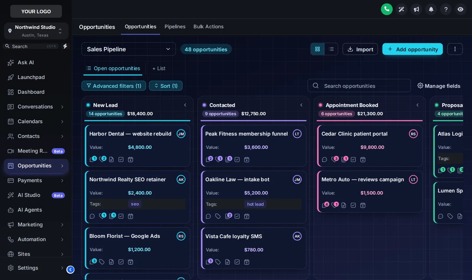 GoHighLevel opportunities board with the Midnight Neon design: deep navy columns with glowing stage lines