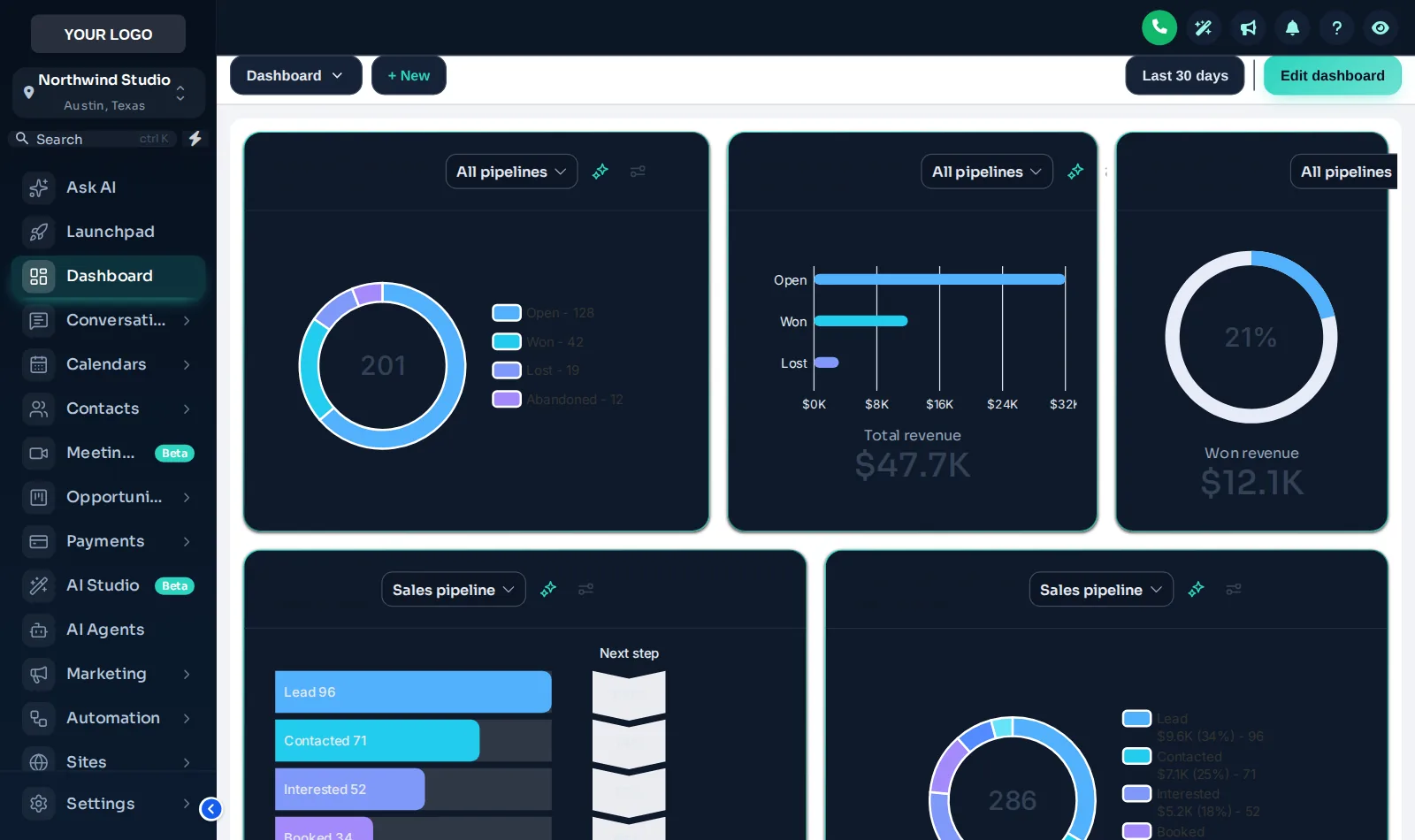 GoHighLevel in dark mode with the Midnight Mint theme: near-black panels with mint highlights